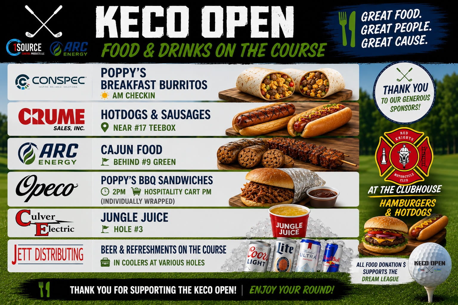 Food and drinks available throughout the 2026 KECO Open including breakfast burritos, hotdogs, Cajun food, BBQ sandwiches, Jungle Juice, beer, and refreshments.