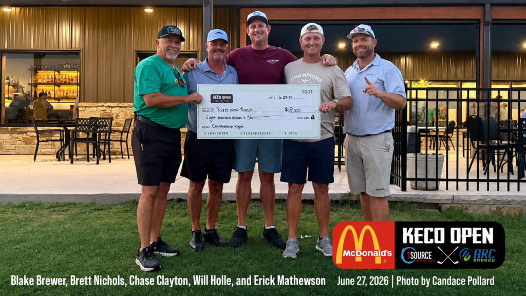 2026 KECO Open Championship Flight winners Riverview Ranch accept the $8,000 first-place check during the awards presentation at Elk City Golf & Country Club.
